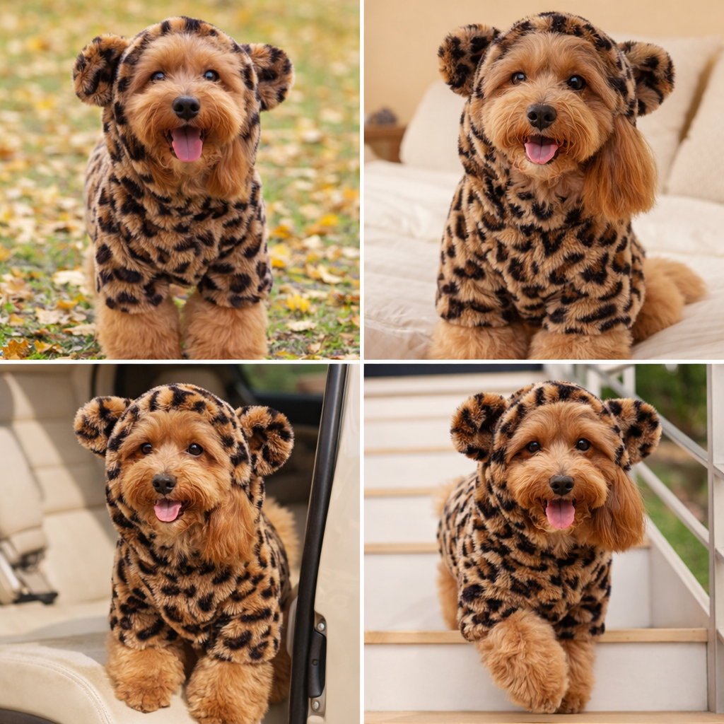 Leopard Plush Dog Hoodie for Small & Medium Dogs