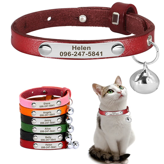 Personalized Adjustable Leather Cat Collar with Name Tag – Anti-Lost Pet Accessory
